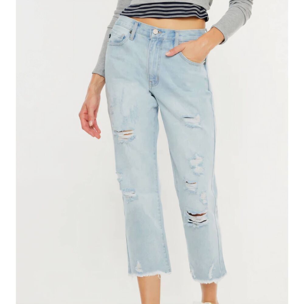 NWT Kancan Jeans Women's 30 Blue Sierra High Rise Straight Leg Distressed Crop